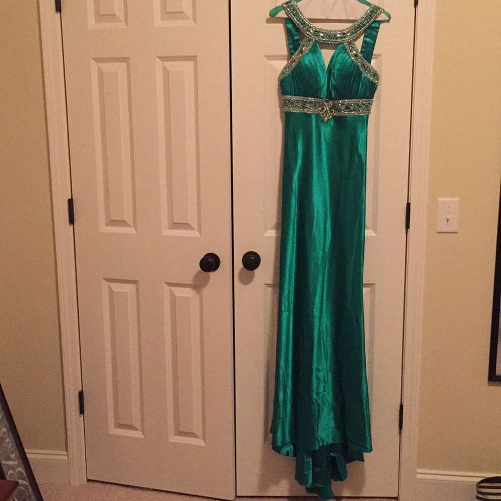 Green Riva formal gown, beaded top, size 4
